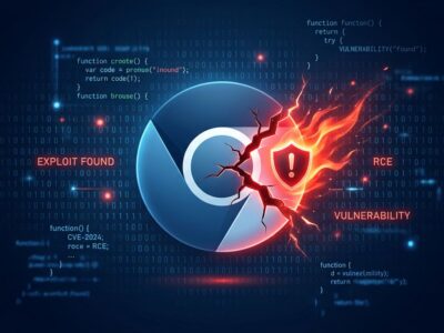 Chrome browser with red warning indicator representing V8 zero-day vulnerability CVE-2026-11645, dark blue and white cybersecurity themed image