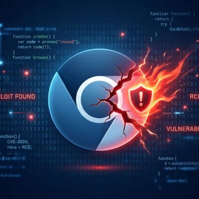 Chrome browser with red warning indicator representing V8 zero-day vulnerability CVE-2026-11645, dark blue and white cybersecurity themed image