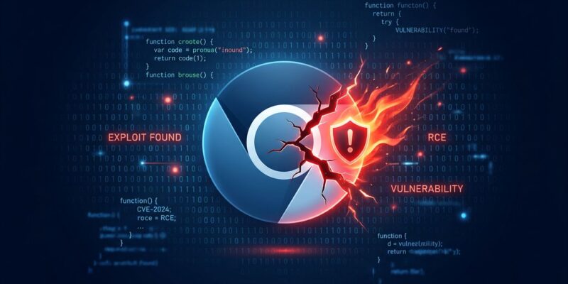 Chrome browser with red warning indicator representing V8 zero-day vulnerability CVE-2026-11645, dark blue and white cybersecurity themed image