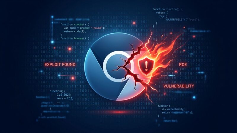 Chrome browser with red warning indicator representing V8 zero-day vulnerability CVE-2026-11645, dark blue and white cybersecurity themed image