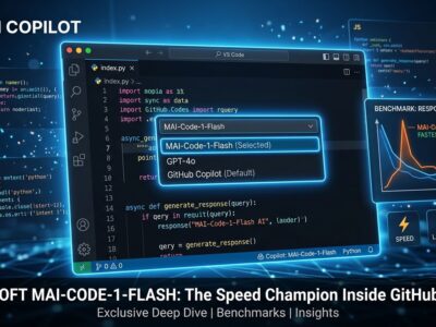 VS Code GitHub Copilot model picker showing MAI-Code-1-Flash selected with benchmark charts and code snippets in blue and white