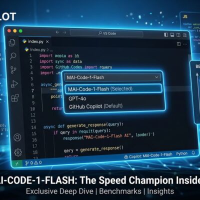 VS Code GitHub Copilot model picker showing MAI-Code-1-Flash selected with benchmark charts and code snippets in blue and white