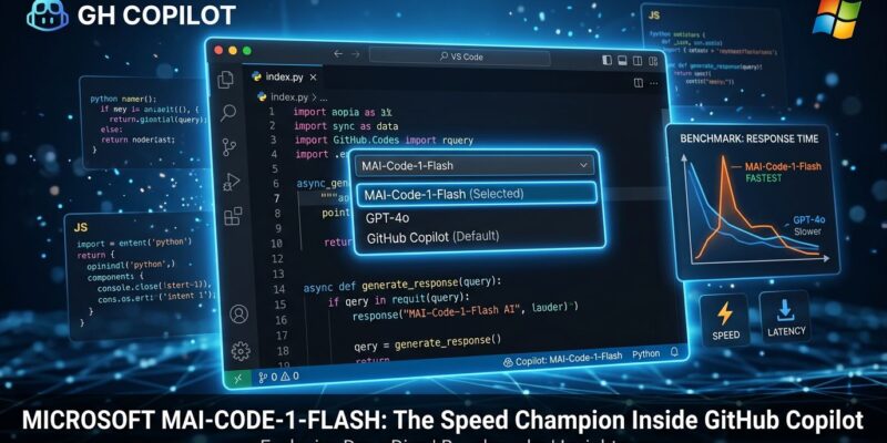 VS Code GitHub Copilot model picker showing MAI-Code-1-Flash selected with benchmark charts and code snippets in blue and white