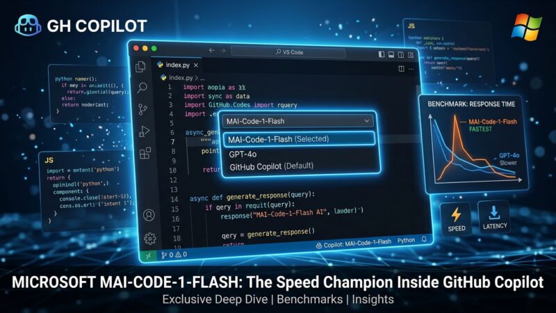 VS Code GitHub Copilot model picker showing MAI-Code-1-Flash selected with benchmark charts and code snippets in blue and white