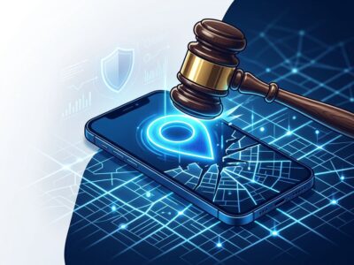Supreme Court gavel striking down geofence warrant map — location data privacy ruling 2026