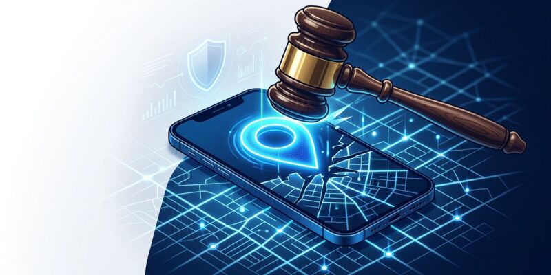 Supreme Court gavel striking down geofence warrant map — location data privacy ruling 2026