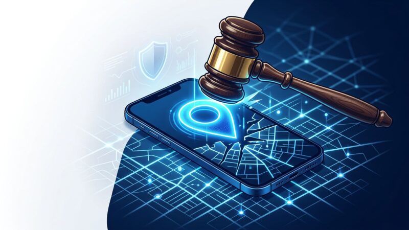 Supreme Court gavel striking down geofence warrant map — location data privacy ruling 2026
