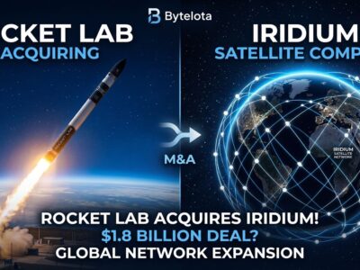 Split-screen showing Rocket Lab rocket ascending and Iridium satellite constellation orbiting Earth