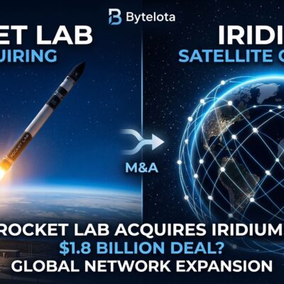 Split-screen showing Rocket Lab rocket ascending and Iridium satellite constellation orbiting Earth