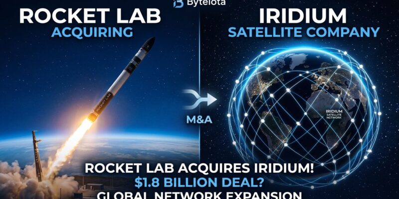 Split-screen showing Rocket Lab rocket ascending and Iridium satellite constellation orbiting Earth
