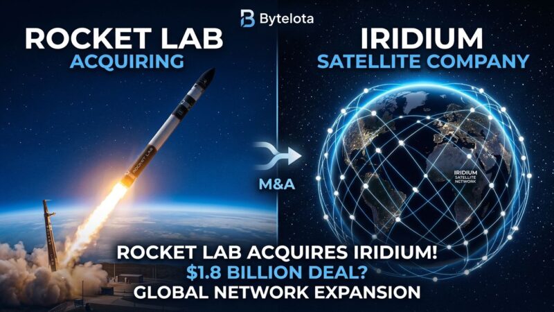 Split-screen showing Rocket Lab rocket ascending and Iridium satellite constellation orbiting Earth