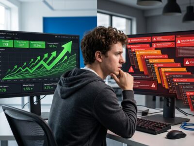 Split visualization showing AI coding metrics: left side shows rising PR counts and throughput gains, right side shows tripled production incidents and cascading bugs - illustrating the Acceleration Whiplash paradox