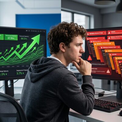 Split visualization showing AI coding metrics: left side shows rising PR counts and throughput gains, right side shows tripled production incidents and cascading bugs - illustrating the Acceleration Whiplash paradox