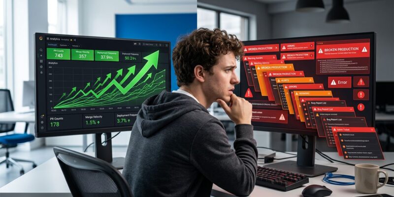 Split visualization showing AI coding metrics: left side shows rising PR counts and throughput gains, right side shows tripled production incidents and cascading bugs - illustrating the Acceleration Whiplash paradox