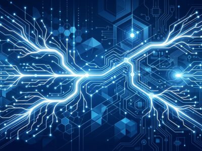 Abstract neural network with parallel branching paths representing Gemini 2.5 Pro Deep Think parallel reasoning in blue and white