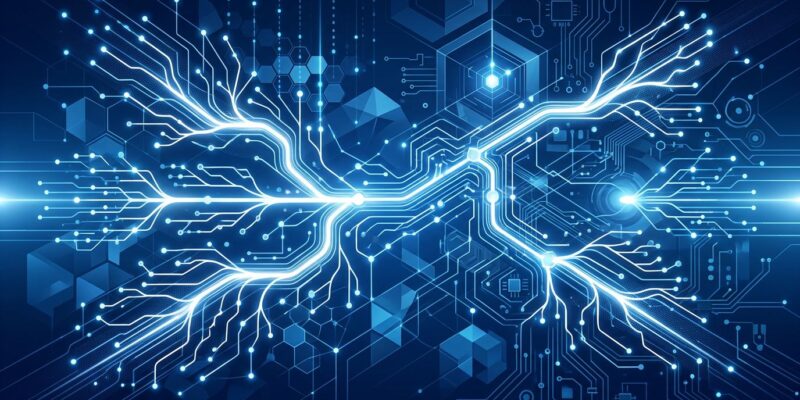 Abstract neural network with parallel branching paths representing Gemini 2.5 Pro Deep Think parallel reasoning in blue and white