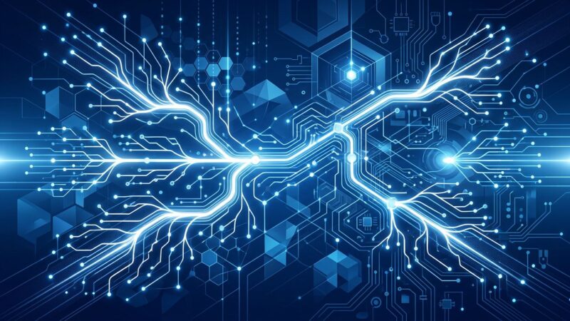 Abstract neural network with parallel branching paths representing Gemini 2.5 Pro Deep Think parallel reasoning in blue and white