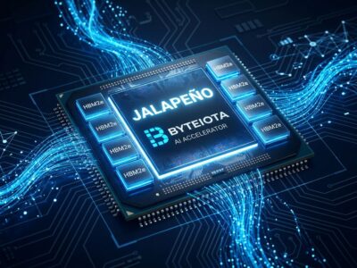 OpenAI Jalapeño custom inference chip with blue illumination on dark background showing HBM memory stacks and circuit patterns