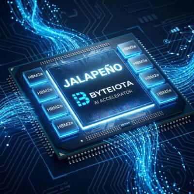 OpenAI Jalapeño custom inference chip with blue illumination on dark background showing HBM memory stacks and circuit patterns