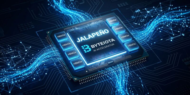 OpenAI Jalapeño custom inference chip with blue illumination on dark background showing HBM memory stacks and circuit patterns