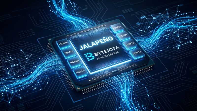 OpenAI Jalapeño custom inference chip with blue illumination on dark background showing HBM memory stacks and circuit patterns