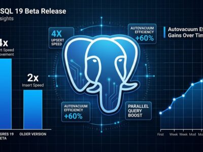 Data visualization dashboard showing PostgreSQL 19 performance improvements with elephant logo and bar charts