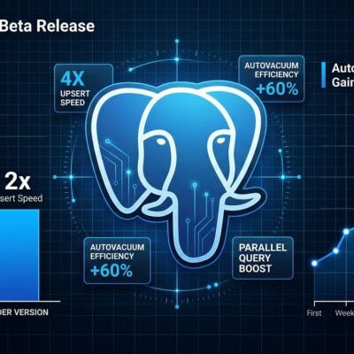 Data visualization dashboard showing PostgreSQL 19 performance improvements with elephant logo and bar charts