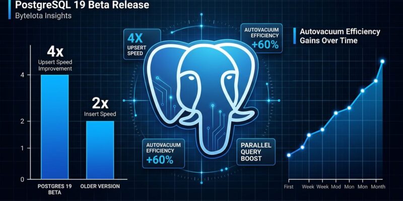 Data visualization dashboard showing PostgreSQL 19 performance improvements with elephant logo and bar charts