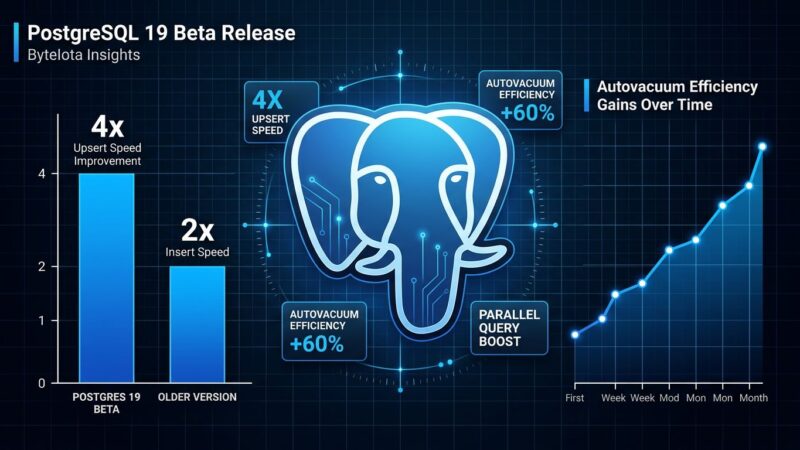 Data visualization dashboard showing PostgreSQL 19 performance improvements with elephant logo and bar charts