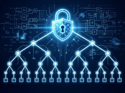 Padlock splitting into Merkle tree structure representing post-quantum HTTPS certificate architecture