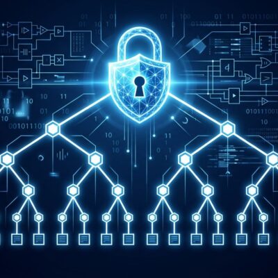 Padlock splitting into Merkle tree structure representing post-quantum HTTPS certificate architecture