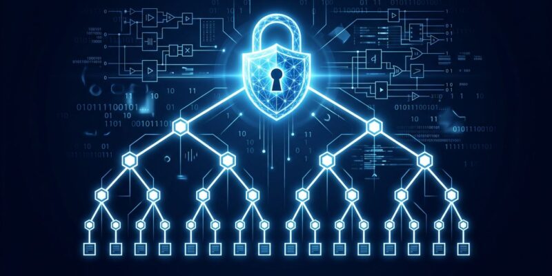 Padlock splitting into Merkle tree structure representing post-quantum HTTPS certificate architecture