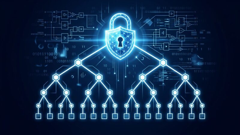 Padlock splitting into Merkle tree structure representing post-quantum HTTPS certificate architecture