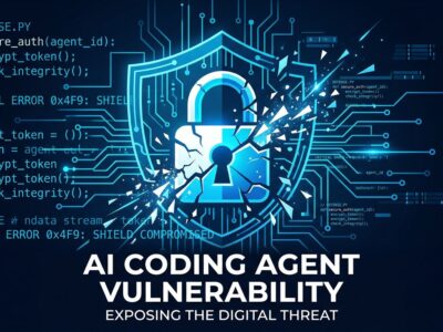 AI coding agent security vulnerability showing broken padlock and terminal code representing TrustFall and SymJack RCE attacks