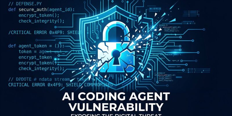 AI coding agent security vulnerability showing broken padlock and terminal code representing TrustFall and SymJack RCE attacks