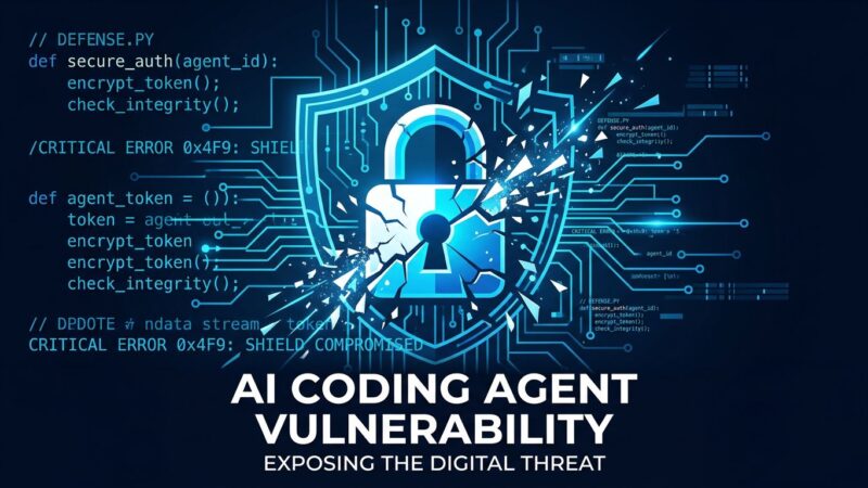 AI coding agent security vulnerability showing broken padlock and terminal code representing TrustFall and SymJack RCE attacks