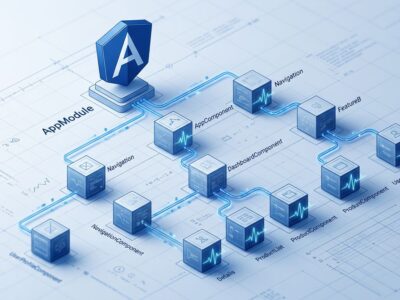 Angular v22 component tree with signal waveform nodes showing fine-grained change detection in blue and white
