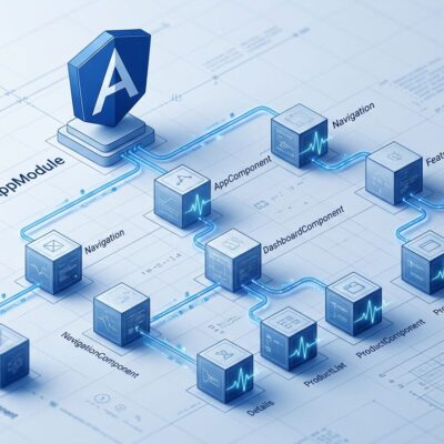 Angular v22 component tree with signal waveform nodes showing fine-grained change detection in blue and white