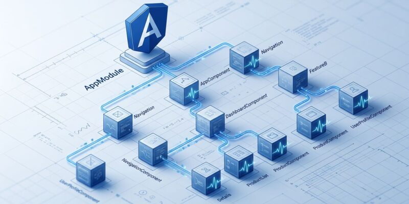 Angular v22 component tree with signal waveform nodes showing fine-grained change detection in blue and white