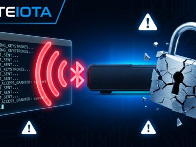 Sound Blaster Katana V2X soundbar with Bluetooth attack waves and cracked padlock, illustrating the Pwnd Blaster remote keystroke injection vulnerability