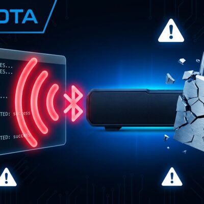 Sound Blaster Katana V2X soundbar with Bluetooth attack waves and cracked padlock, illustrating the Pwnd Blaster remote keystroke injection vulnerability