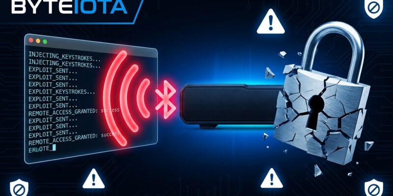 Sound Blaster Katana V2X soundbar with Bluetooth attack waves and cracked padlock, illustrating the Pwnd Blaster remote keystroke injection vulnerability