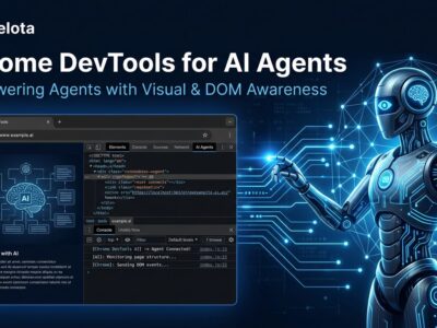 Chrome browser with DevTools panel connected to AI agent via glowing blue lines representing the Chrome DevTools MCP server