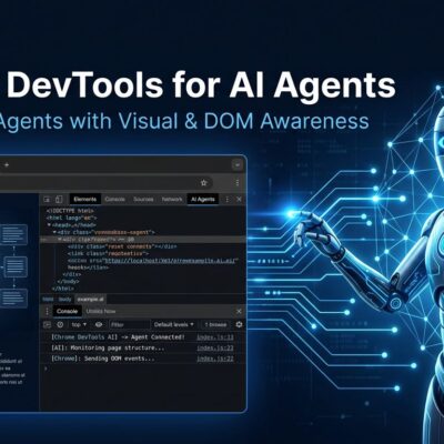 Chrome browser with DevTools panel connected to AI agent via glowing blue lines representing the Chrome DevTools MCP server