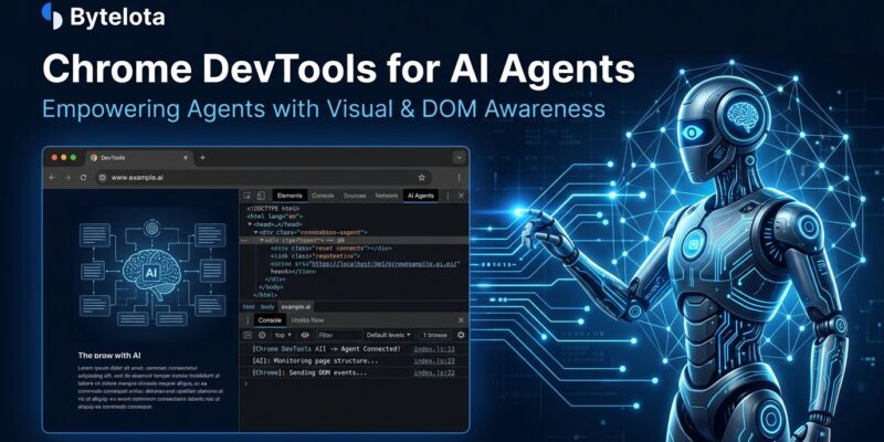 Chrome browser with DevTools panel connected to AI agent via glowing blue lines representing the Chrome DevTools MCP server