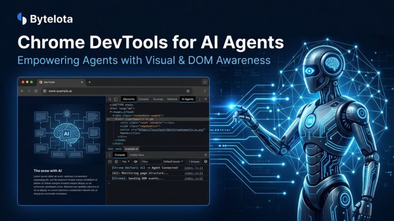 Chrome browser with DevTools panel connected to AI agent via glowing blue lines representing the Chrome DevTools MCP server