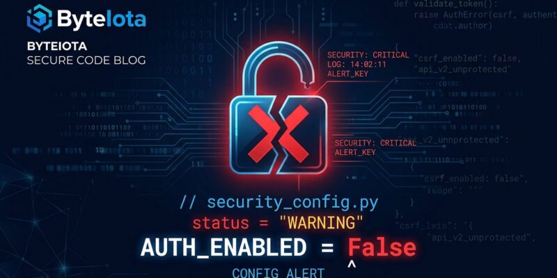 PraisonAI CVE-2026-44338 authentication bypass vulnerability - broken padlock with AUTH_ENABLED False code