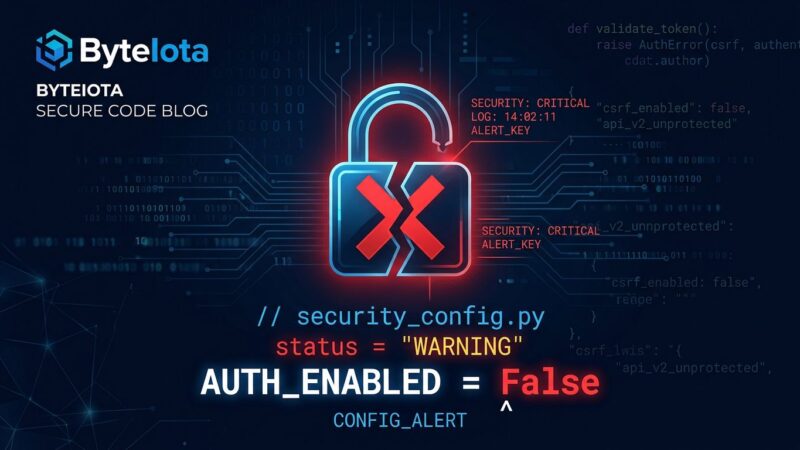 PraisonAI CVE-2026-44338 authentication bypass vulnerability - broken padlock with AUTH_ENABLED False code