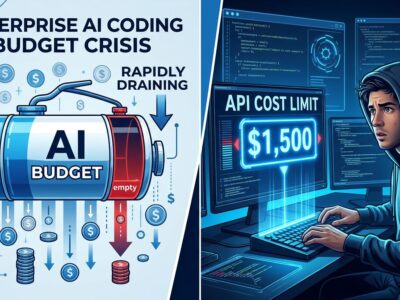 Split-screen illustration showing enterprise AI coding budget drain on left and developer with spending cap on right