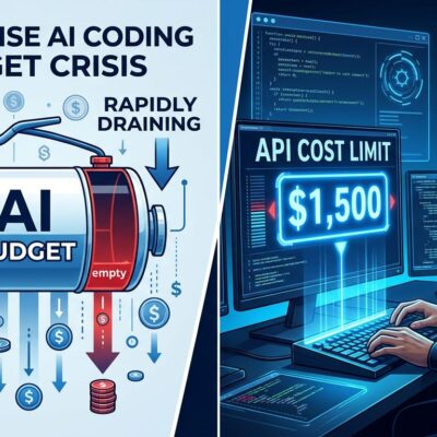 Split-screen illustration showing enterprise AI coding budget drain on left and developer with spending cap on right